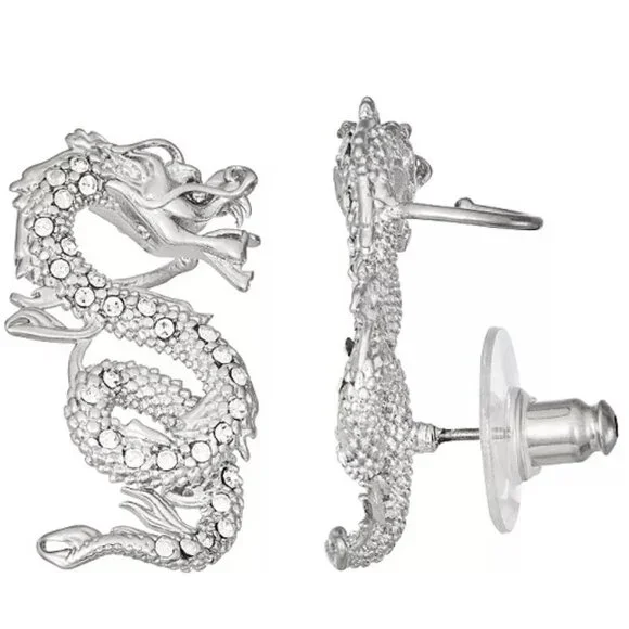 VERA WANG Goth Game of Thrones Dragon Silver/Clear Crystal Ear Crawlers Earrings - Picture 1 of 3